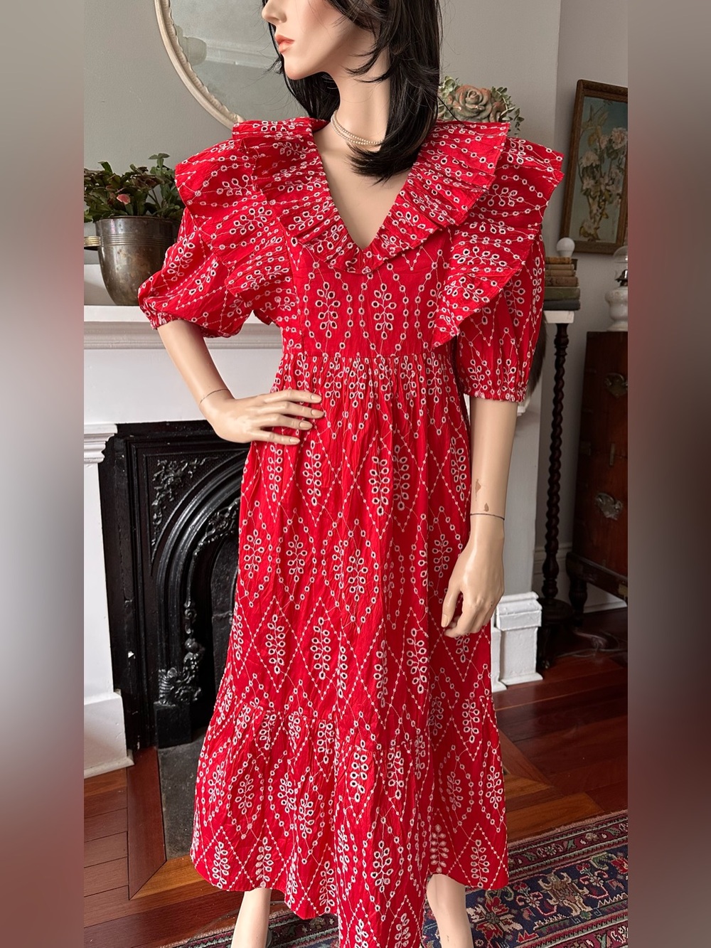 Zara Red Patterned Ruffled Midi Dress - Picture 2 of 7